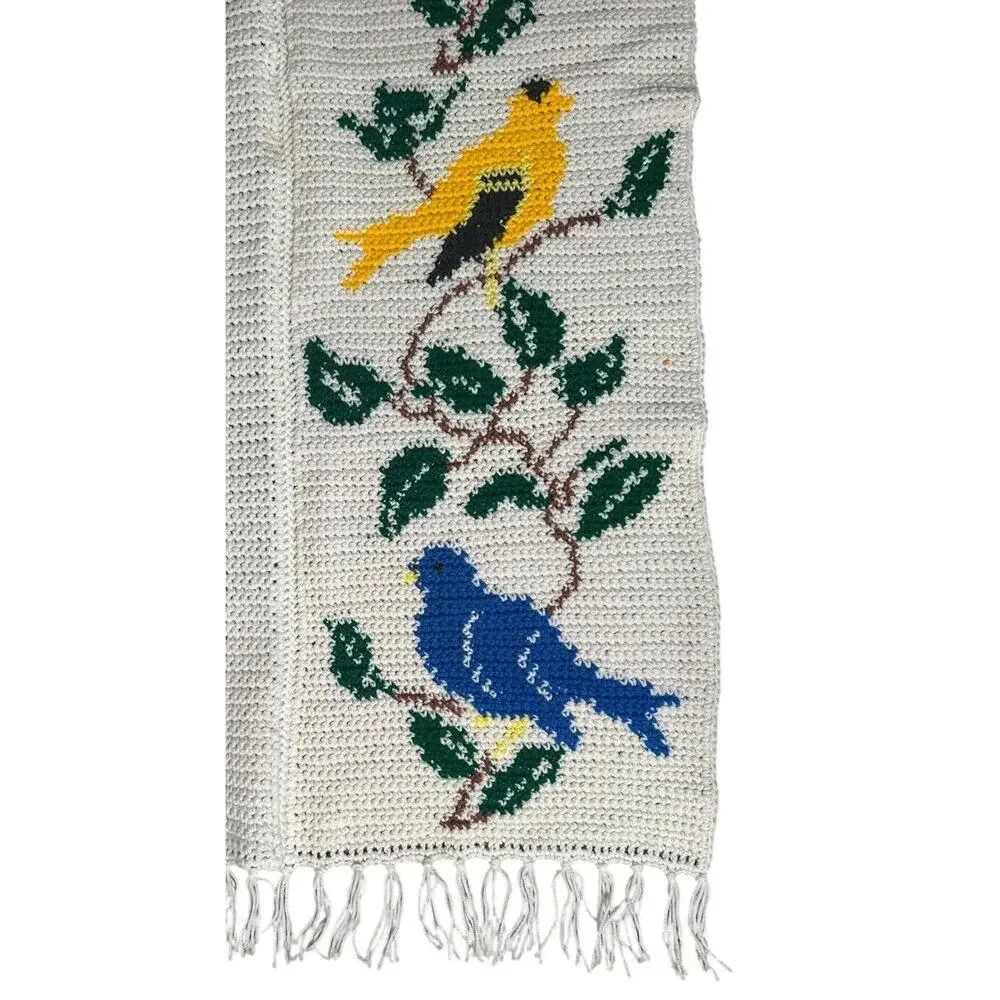 Handmade Colorful Birds White Crochet Knit Afghan Throw Blanket w/ Fringe‎ 48x60